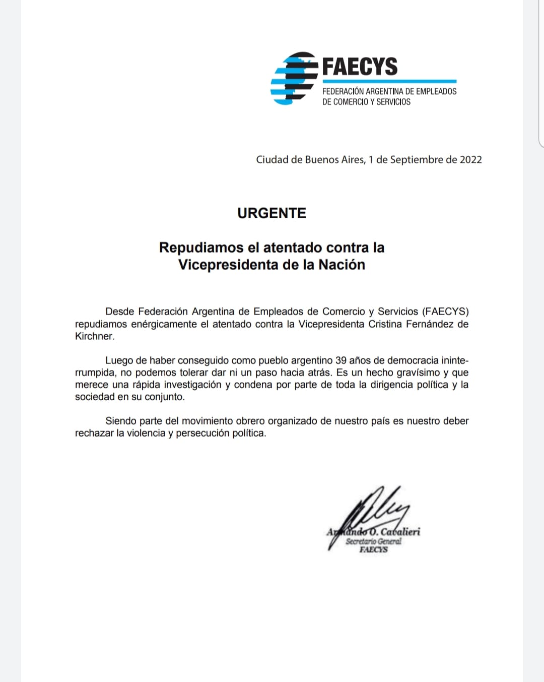 SOLIDARIDAD Y REPUDIO FRENTE