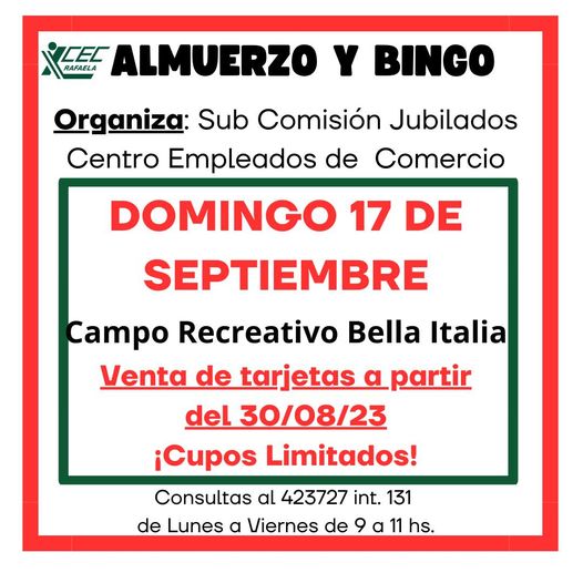 ¡Almuerzo y Bingo el 17 de Septiembre!